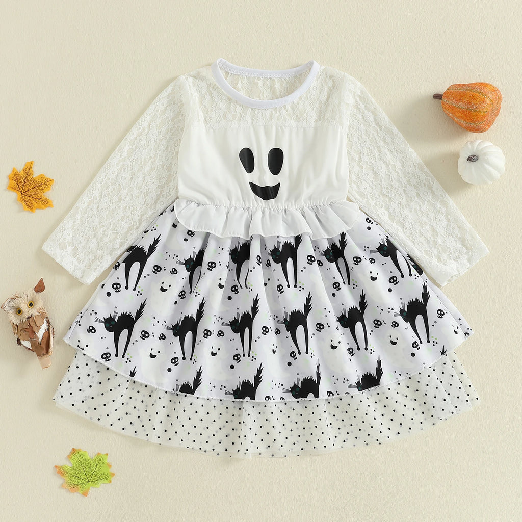 Girls Halloween Costume Dress Crew Neck Long Sleeve Ghost Dots Print Patchwork Fall Dress for Kids Casual Wear