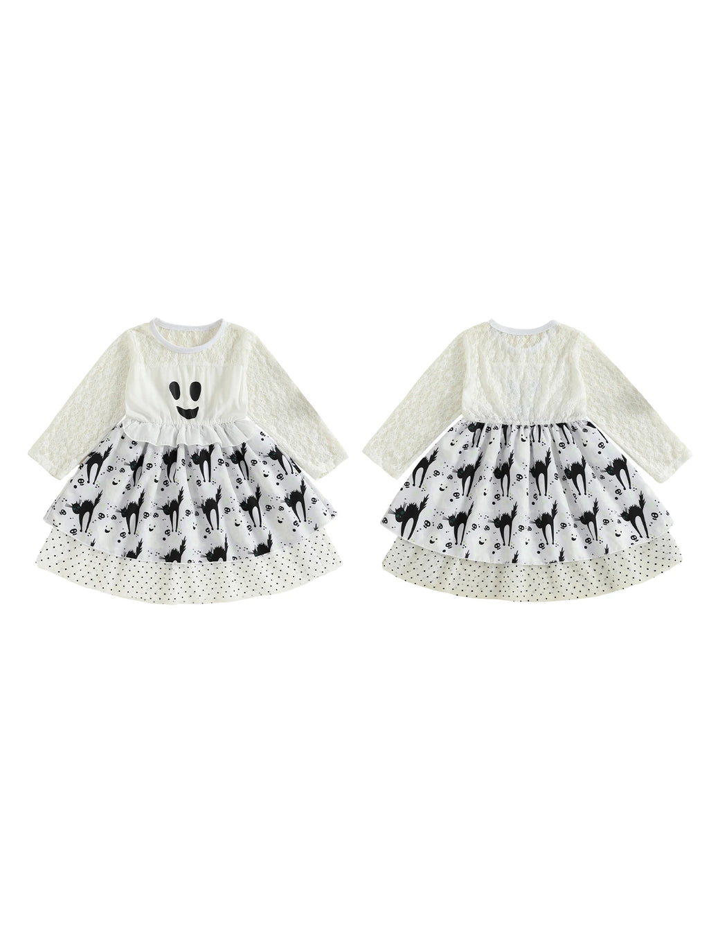 Girls Halloween Costume Dress Crew Neck Long Sleeve Ghost Dots Print Patchwork Fall Dress for Kids Casual Wear