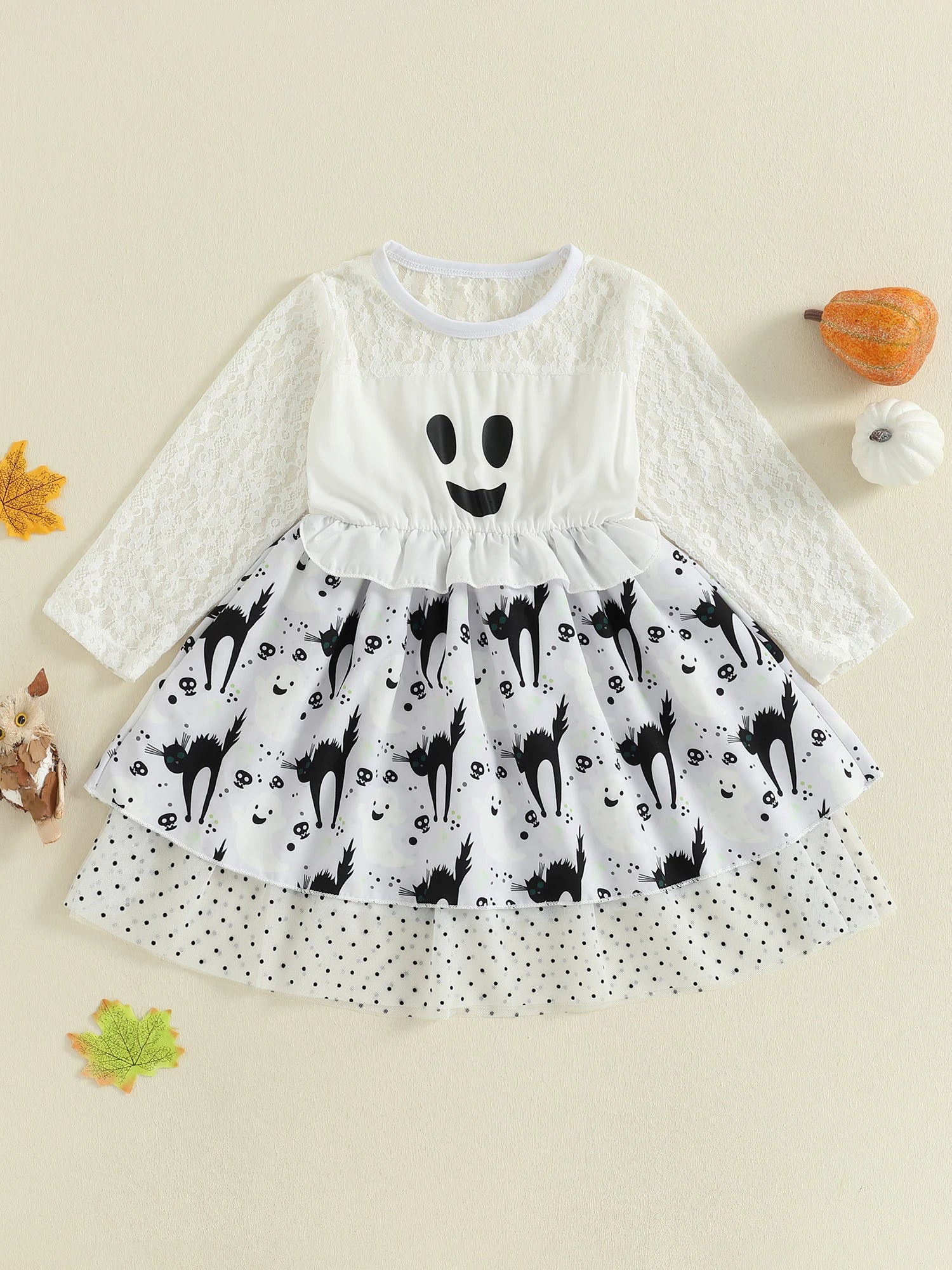 Girls Halloween Costume Dress Crew Neck Long Sleeve Ghost Dots Print Patchwork Fall Dress for Kids Casual Wear